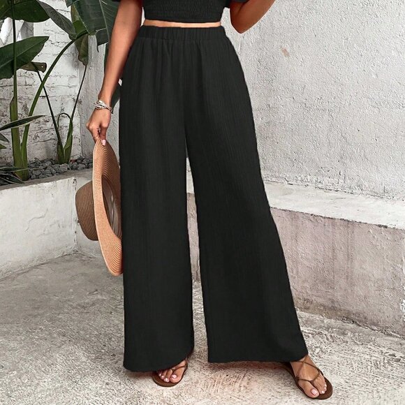 Black Boho Womens Off Shoulder Ruffle Trim Top & Wide Leg Pants - Picture 4 of 5